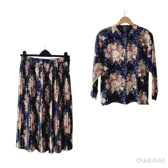 Vintage Alcott and Andrews Blue Floral Silk Blouse and Skirt Set - Picture 1 of 16